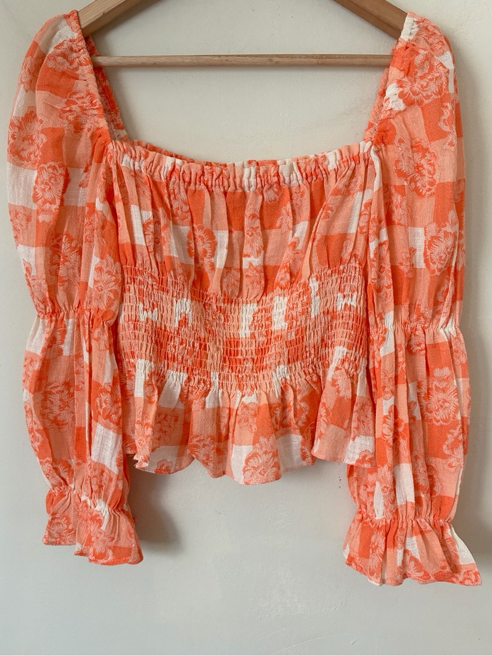 Olivaceous Orange Cottagecore Gingham Floral Smocked Crop Top Blouse Size M